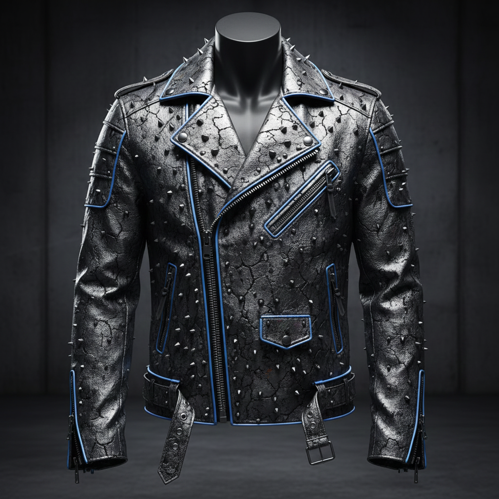 Aggressive Gunmetal Metallic Leather Biker Jacket with Futuristic-Punk Texture and Heavy-Duty Distressing