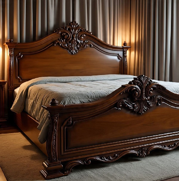 Luxurious carved wooden bed showcasing royal craftsmanship and ornate detailing, at wholesale prices