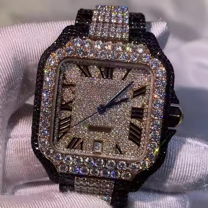 Customized Lab Grown Diamond  Wrist Watch Fully Iced Hip Hop Style Stainless Steel Handmade Quartz Fashionable Silver Watch