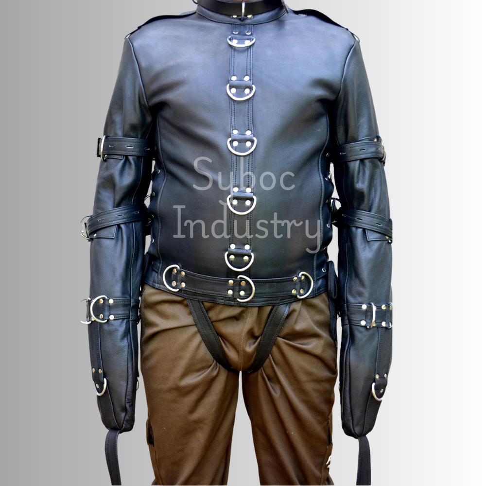 Men's New Style Winter Casual Leather Gear Turn-Down Collar Strait Jackets Zipper Closure Raw Nonwoven Bondage Equipment-Fitted