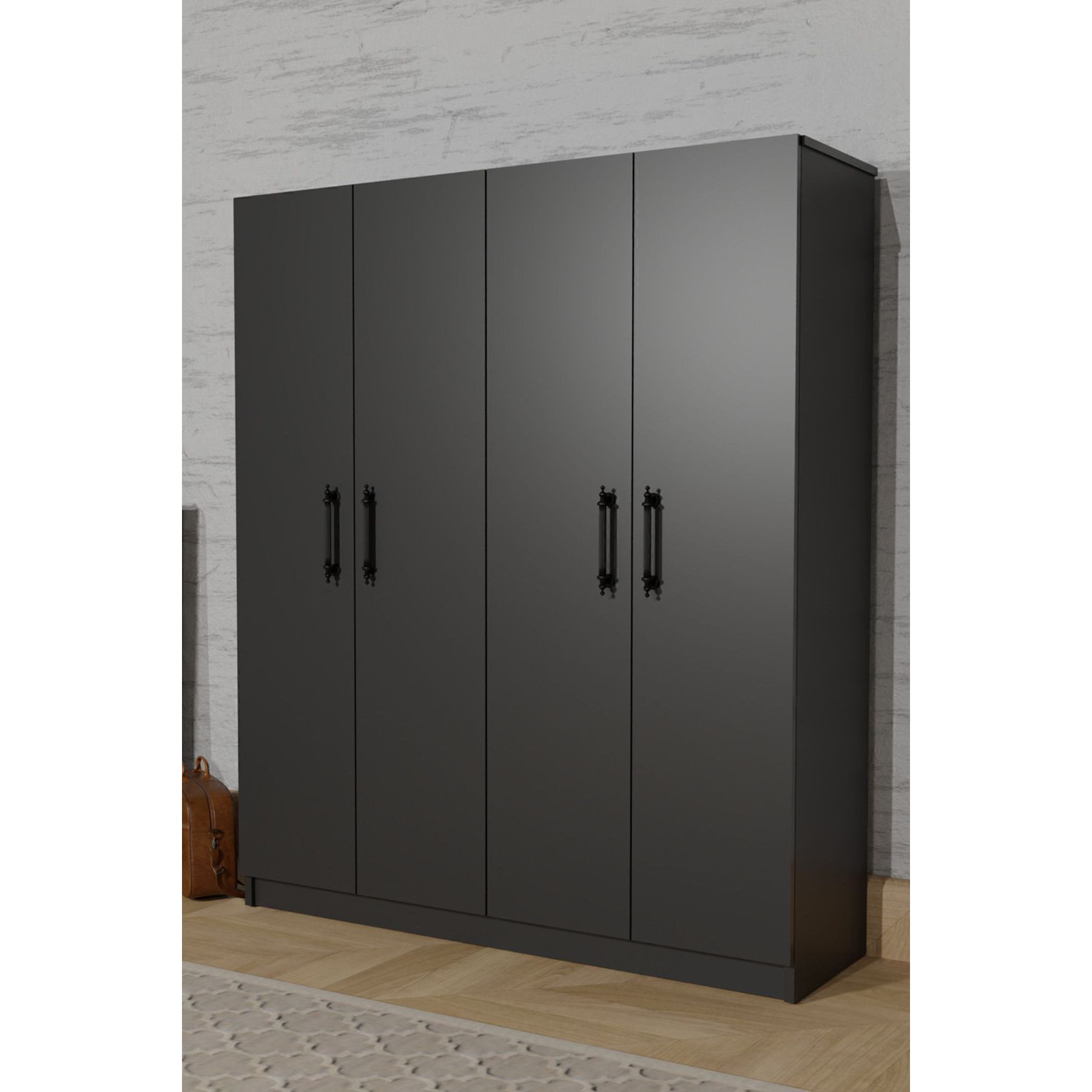 ARENA Anthracite Gray Freestanding 4-Door Wardrobe 2 Hangers 6 Shelves-Multi-functional Save Space Bedroom Wardrobe for Hospital