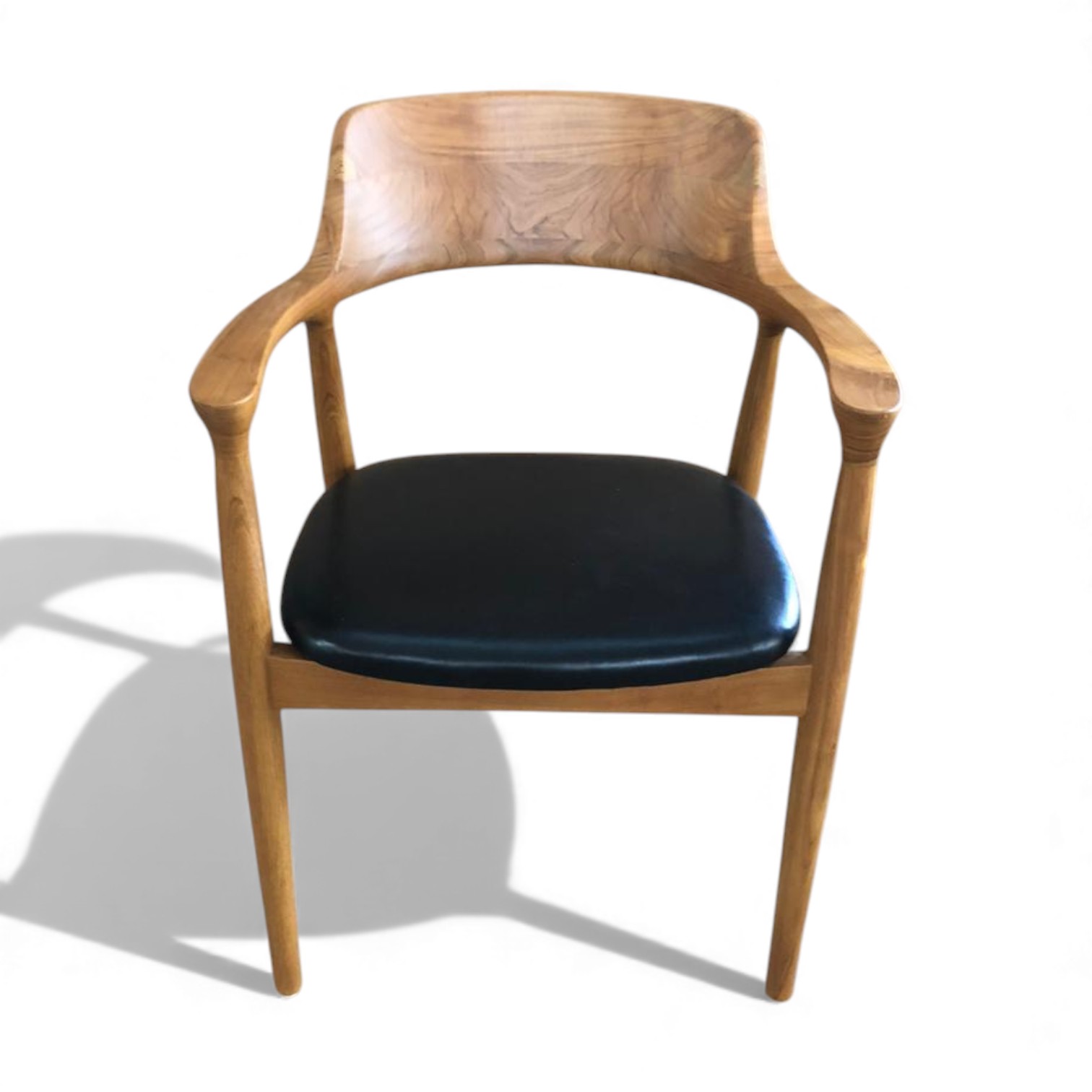 Solid Wood Dining Armchair Modern Scandinavian Black Genuine Leather Seat Curved Back Restaurant Cafe Hotel Home Furniture Chair