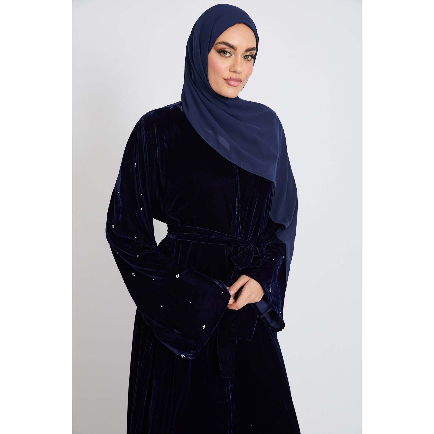 Midnight Navy Premium Velvet Open Abaya Starlight Embellished Traditional Muslim Clothing and Accessories