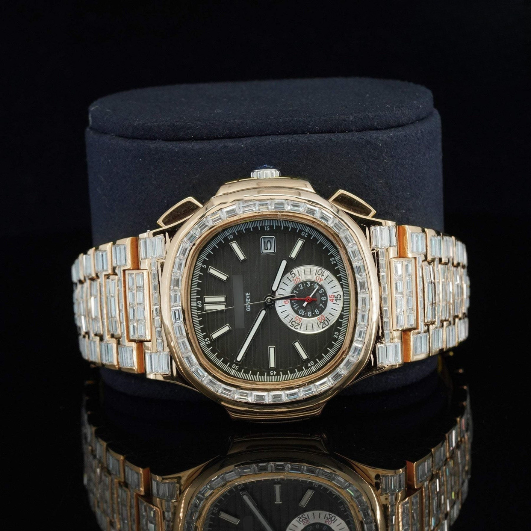 Hip Hop Style Rose Gold Tone Baguette Moissanite Diamond Automatic Watch Quartz Stainless Steel Band for Men and Women Fashion.