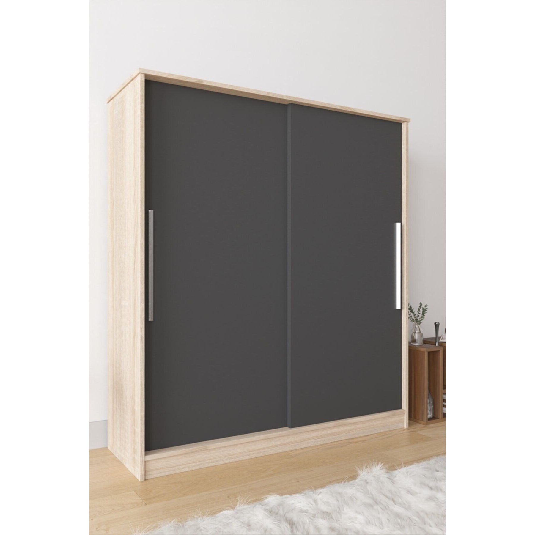 Zambak Freestanding Minimalist Sliding Sonomo Wardrobe with 11 Shelves 2 Drawers & Hanger-Dark Gray for Narrow Spaces