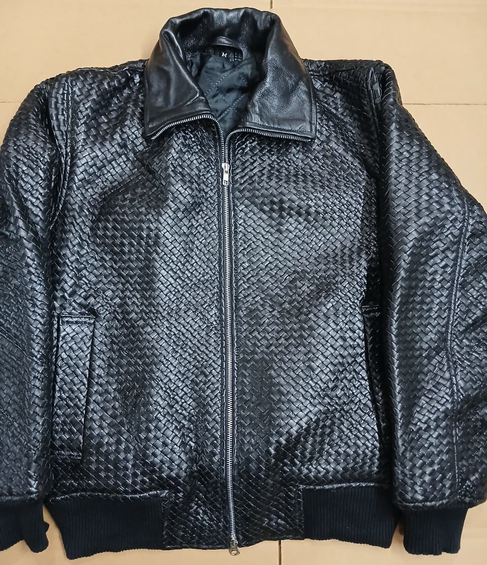 New classic Hand Knitted Genuine Leather Men's Black Lambskin Bomber Jacket