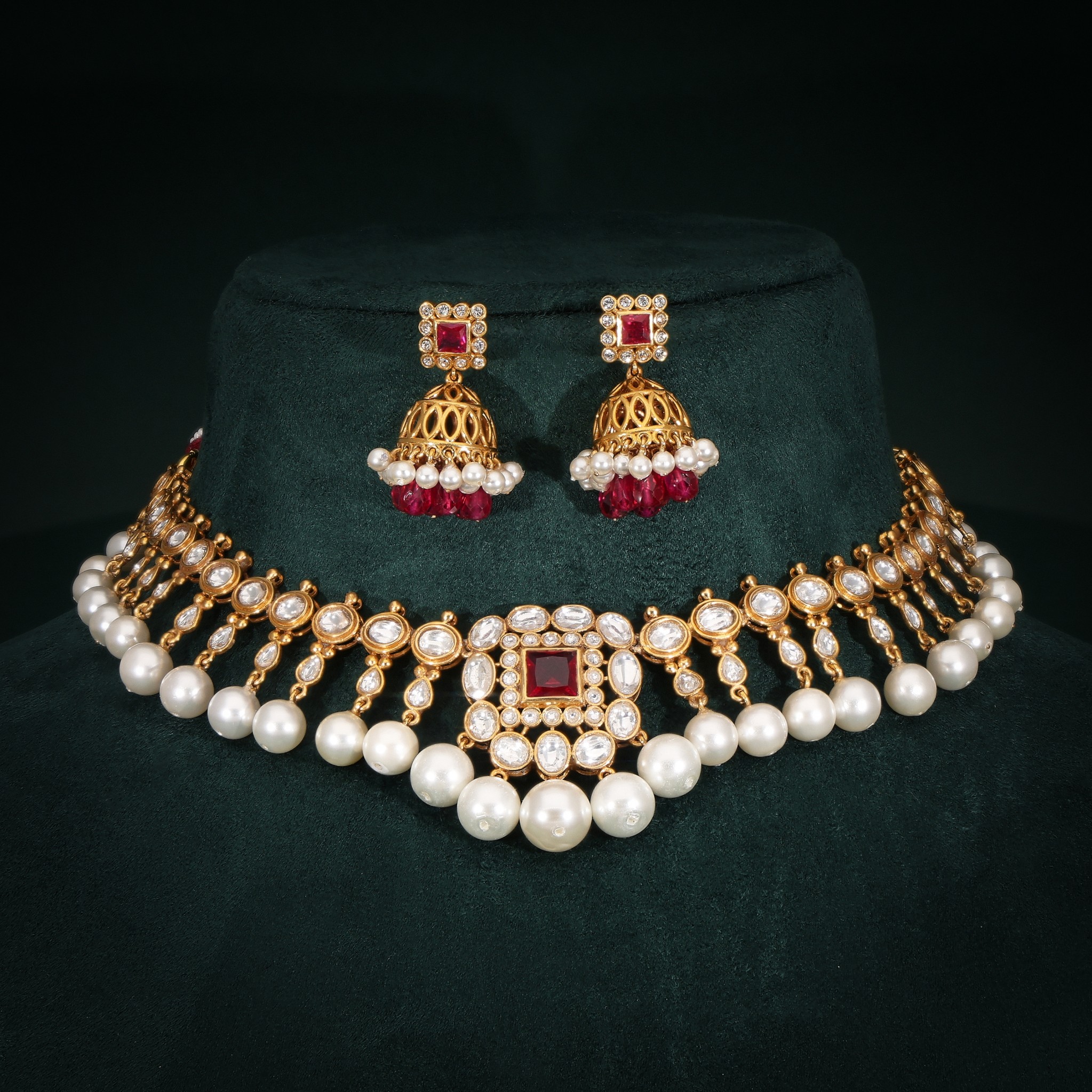 Traditional Classic 22kt Gold Kundan Necklace Set Polki & Lab Diamond Bridal Choker Ruby Accents for Engagement Parties Gifts