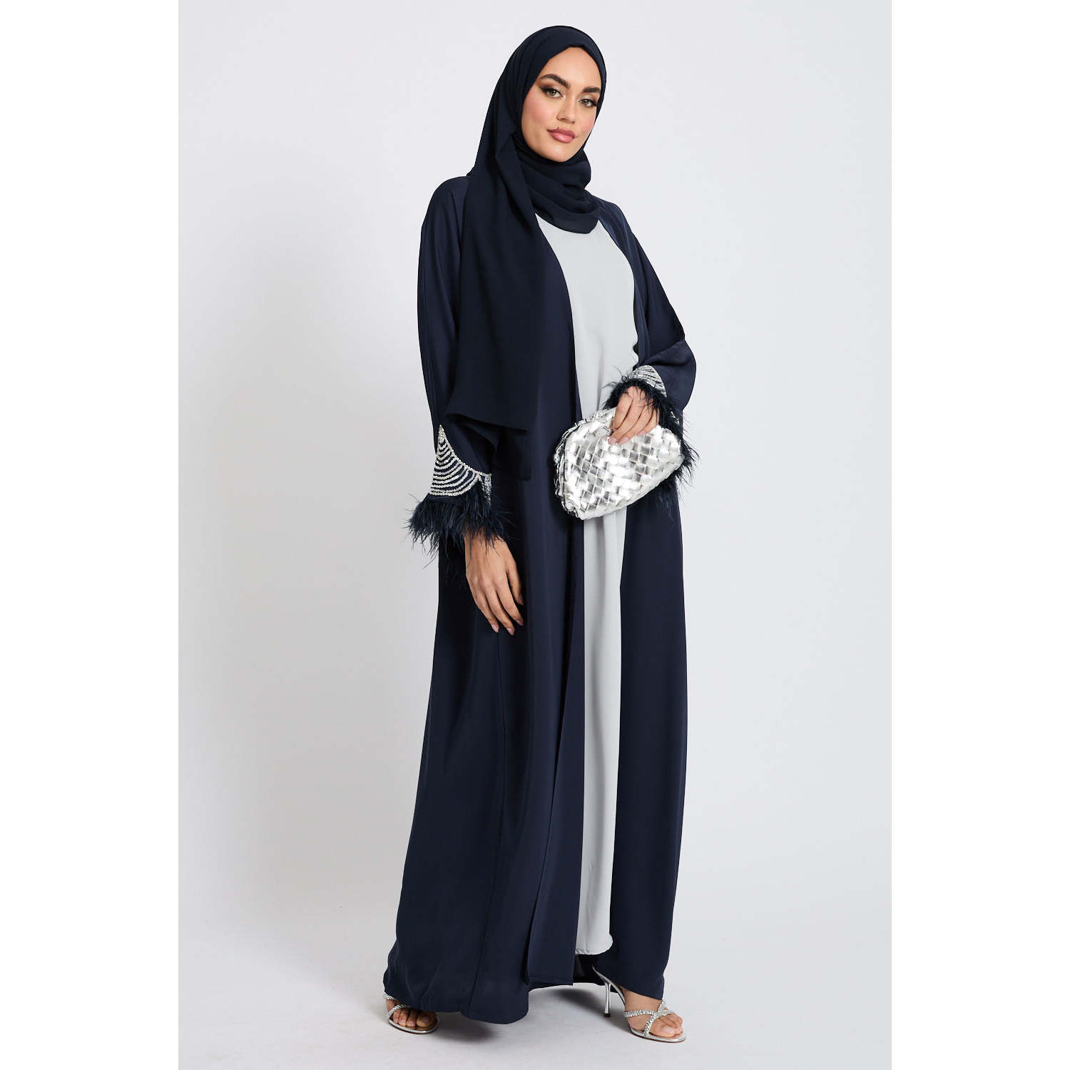 Premium Navy Open Cuff Abaya with Bejewelled Feathered Detail Traditional Muslim Clothing Accessory