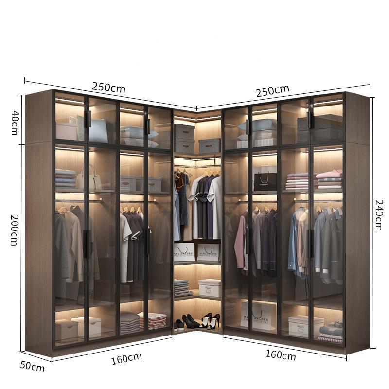 Wooden L Shape Conner INS Bedroom Furniture Cabinet Clothes Organizer Closet Wardrobe With LED Light Glass Doors Wardrobes