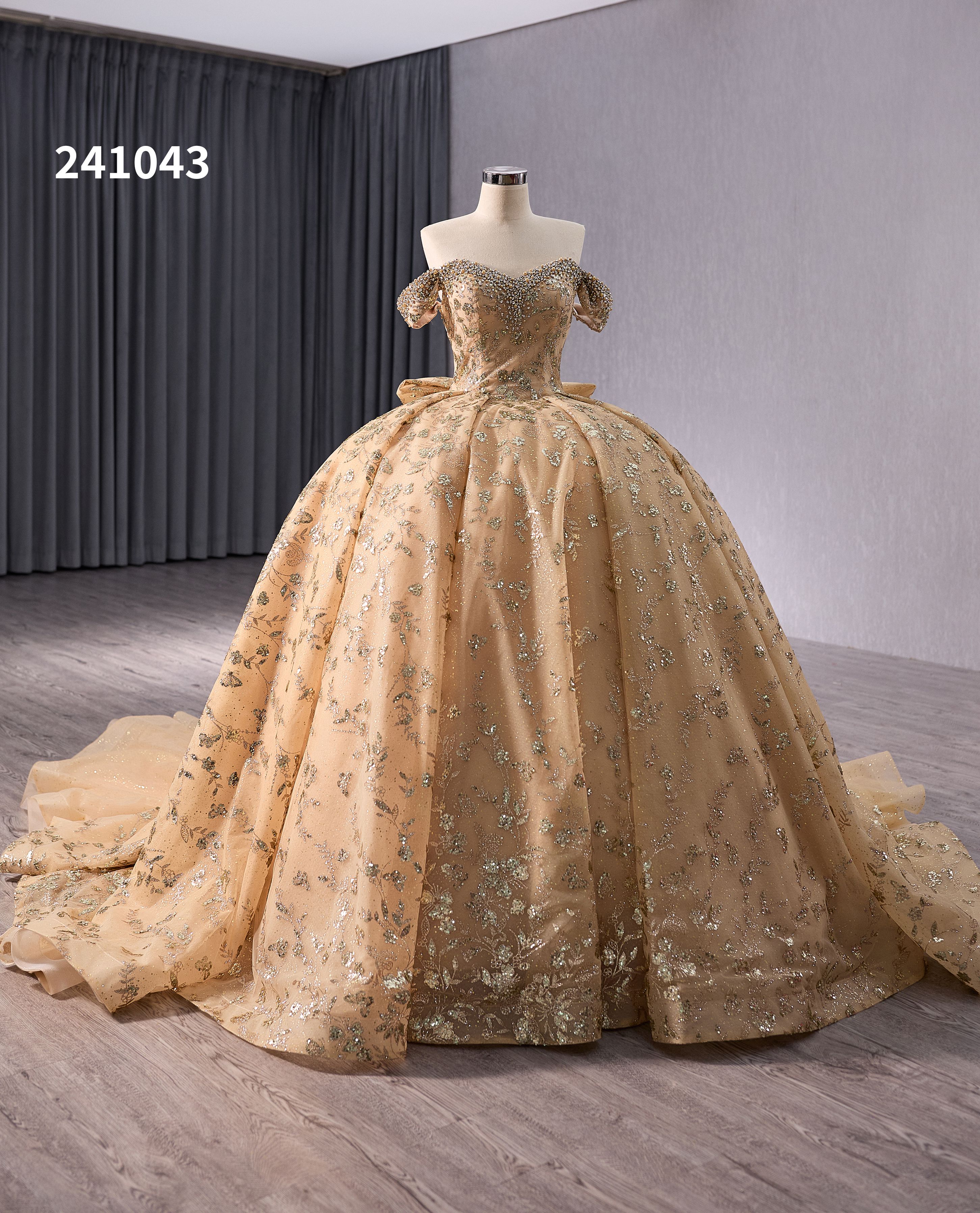 Elegant Champagne Empire Long Evening Party Dress Gold Sequins Organza Ball Gown Flowers Polyester Muslim