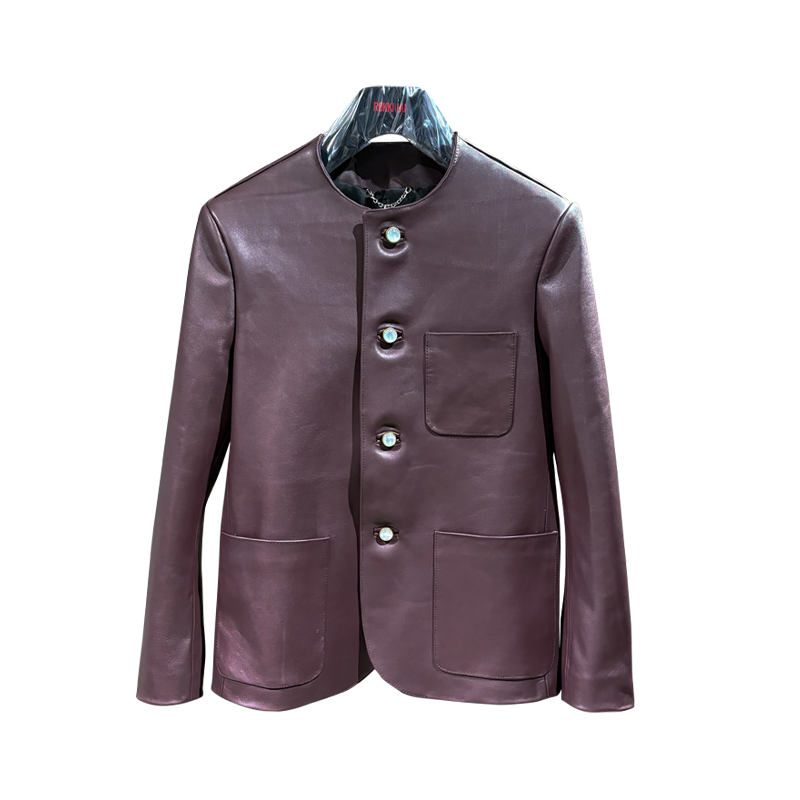 MOQ: 1 Piece | Men's Burgundy Leather Mandarin Collar Blazer-Gem Button Casual Jacket for Men's Daily Stylish Outfits