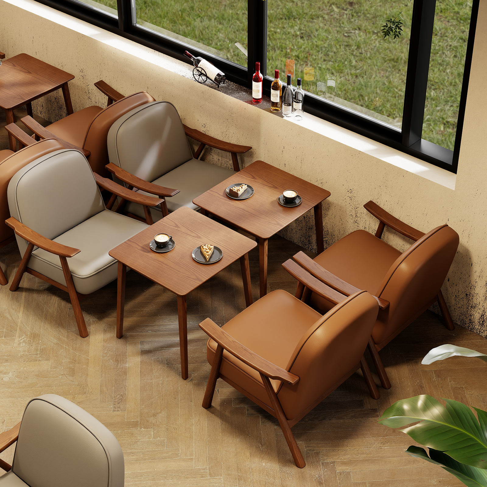 Factory Supplier Restaurant Cafe Shop Solid Wood Leather Sofa Bench Armchair Table High Tea Commercial Furniture Set