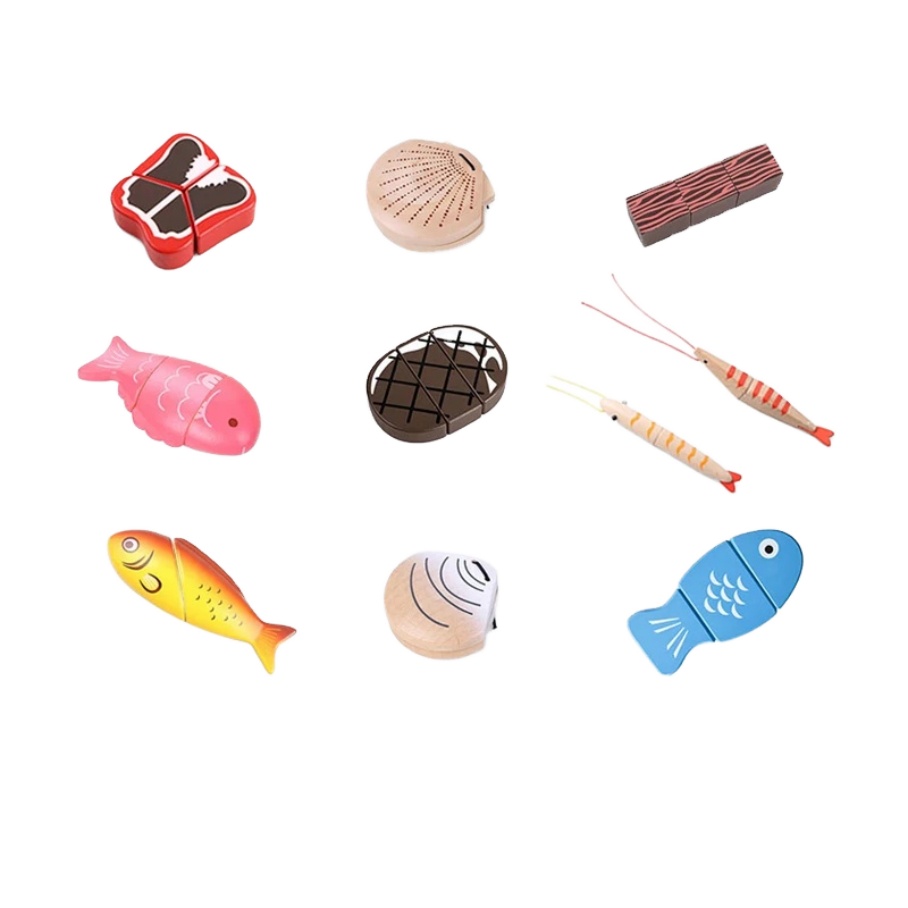 LINK BRAND Unisex Wooden Play Food Cutting Fish Meat Seafood Set Kitchen Toys for 8-13 Years Old