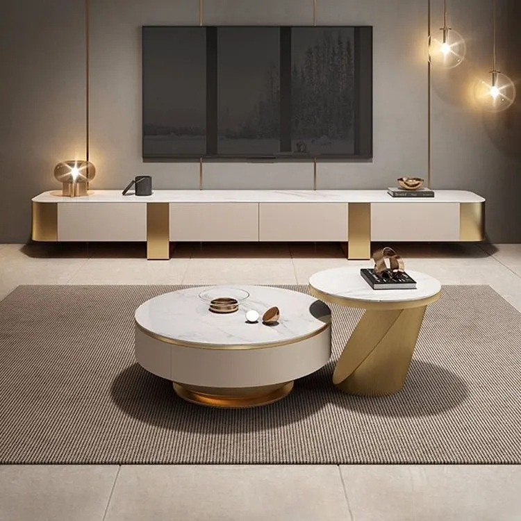 Modern Simple TV Cabinet Complete High Foot Cabinet Luxury Rock Plate Round Coffee Table Set