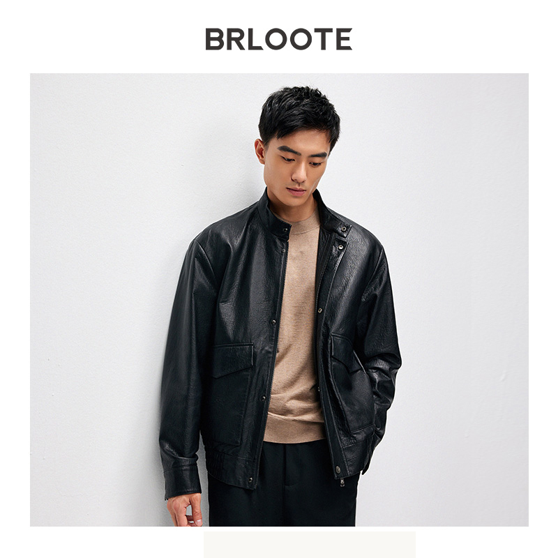 Autumn Winter Genuine Leather Men's Puffer Jacket Stand Collar Sheepskin Breathable Windproof Plaid Pattern Motorcycle Style