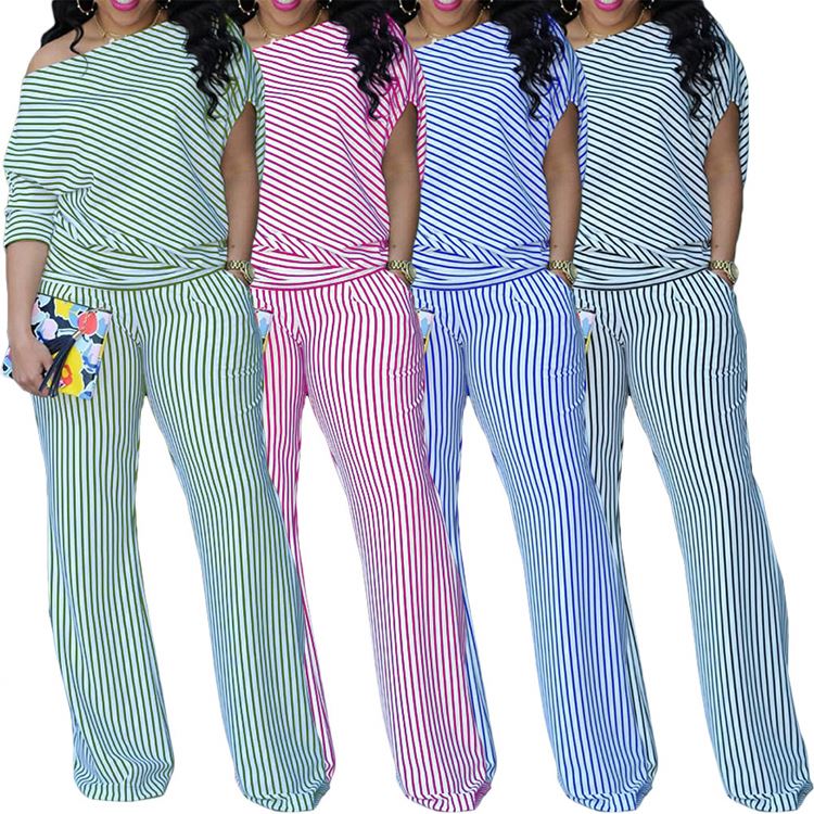 Large Size Women's Suit Striped Cardigan Shirt Wide-Leg Trousers Casual Fashionable