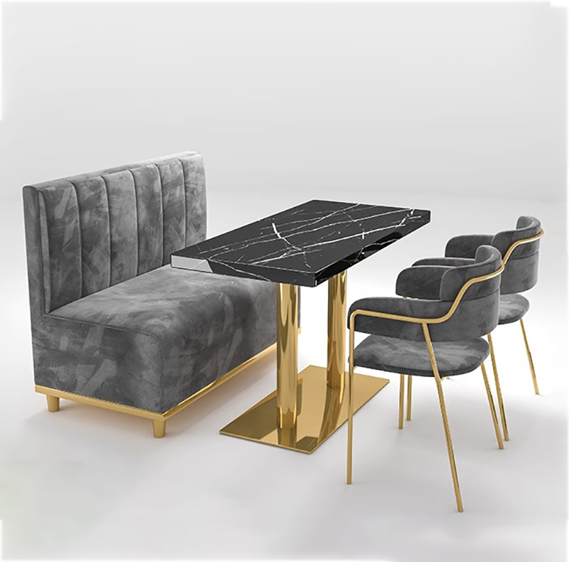 Custom  Luxury Modern Restaurant Furniture Golden Leg Velvet  Chair Sofa Booths Seating and Marble Pattern Tables Sets