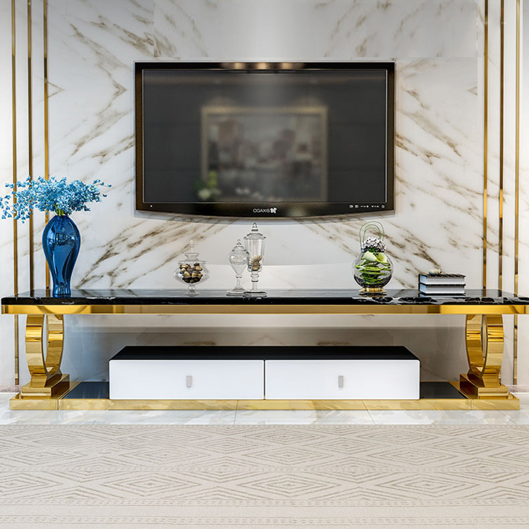 Modern Villa Gold Luxury Living Room TV Stand Furniture Rectangular Metal Home Storage Drawer Marble Top Long TV Cabinet