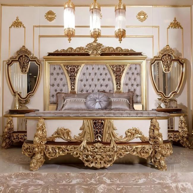 Empire Classical Style Luxury King Size Solid Wood Bed Frame Gold Gilt Wood Carving European Bed With Wardrobe