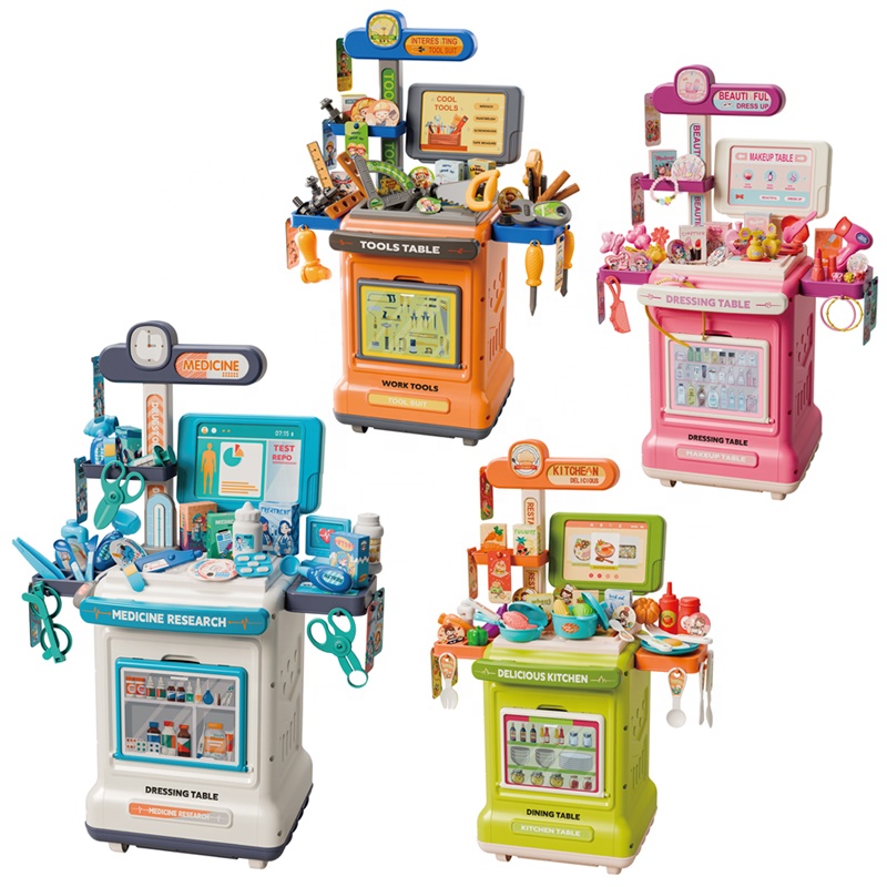 Samtoycn 60CM Kids Role Play Toys Makeup Table Medlcal Cart  Tools Cart Kitchen Handcart Set Children's Pretend Play Sets