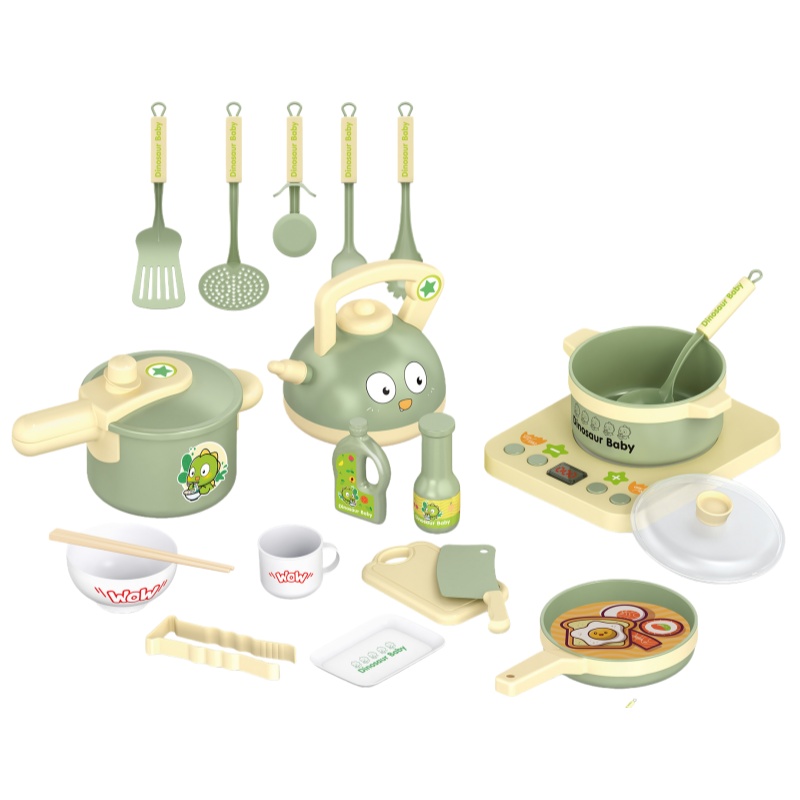 EPT 20PCS Dinosaur-Themed Kids Kitchen Play Set with Light & Sound Effects Toddler Pretend Cooking Utensils Toy Set for Kids