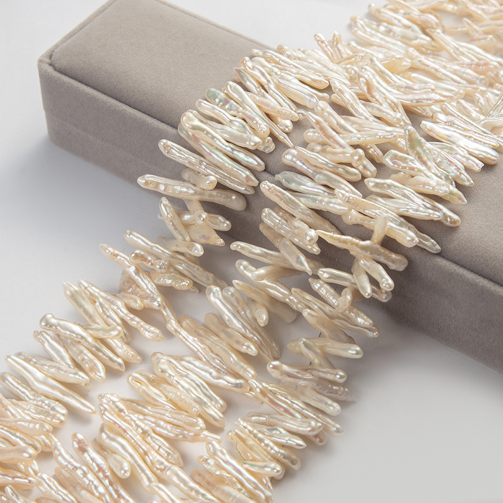 Biwa Cultured Freshwater Keshi Baroque Pearl Strand 4.5x30mm White Beads for Jewelry Making Loose