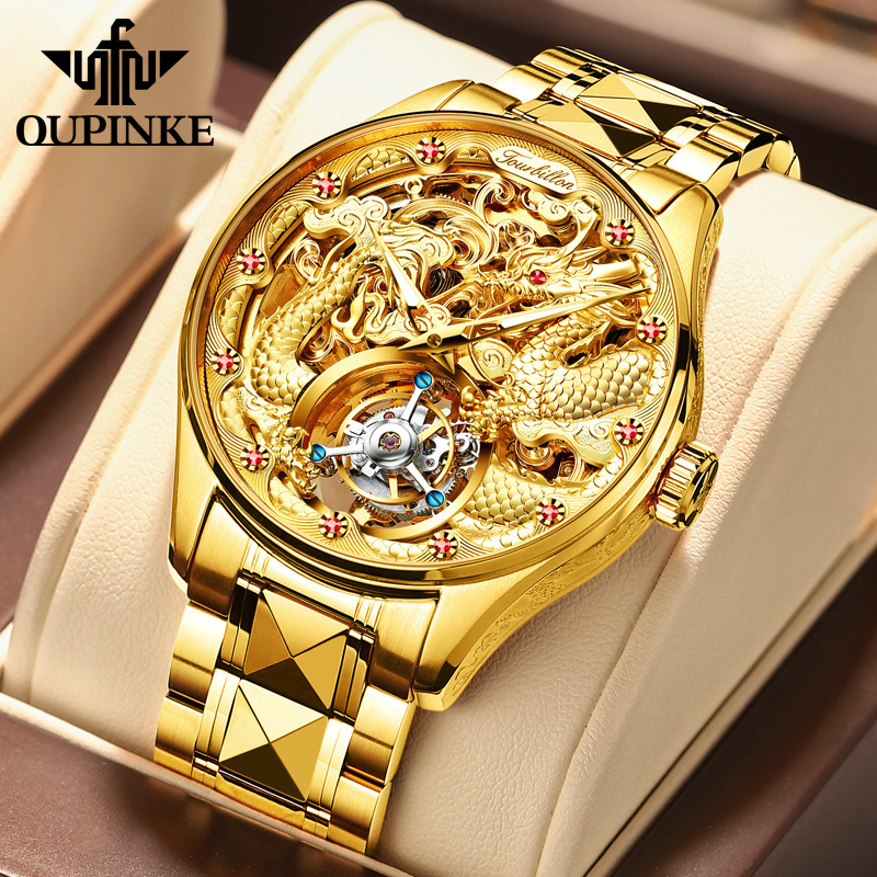 OUPINKE 3176 Men's Classy Chinese Loong Mechanical Watch Stainless Steel Strap Hollow Exquisite Craftsmanship Fashion Statement