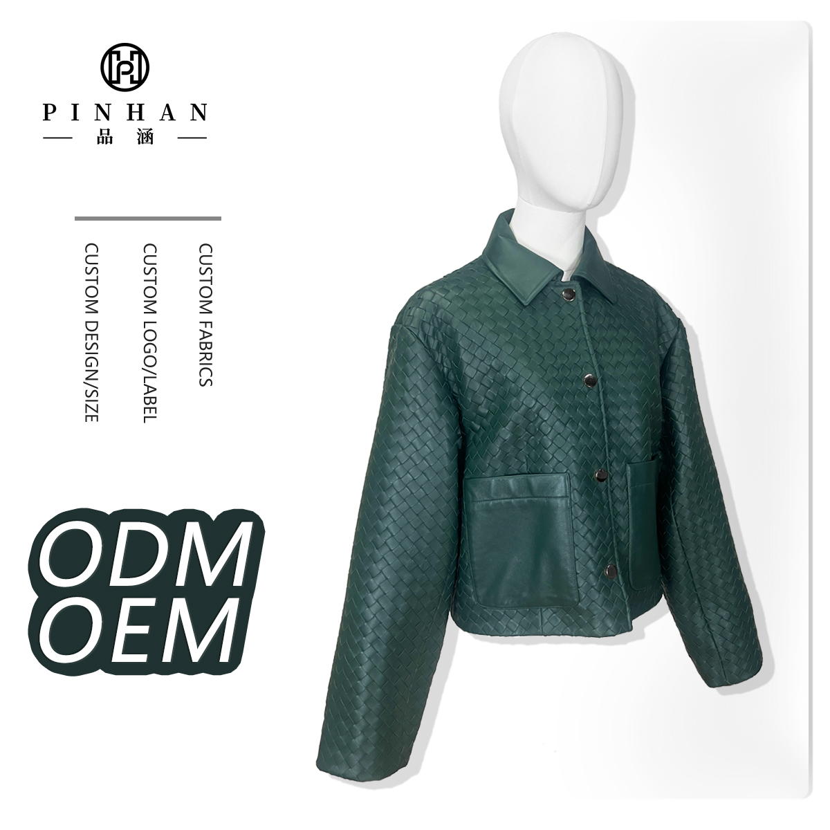 Women's Green Genuine Leather Woven Suit Modern Elegance with Functional Pockets Golden Button Closure Casual Suits for Women