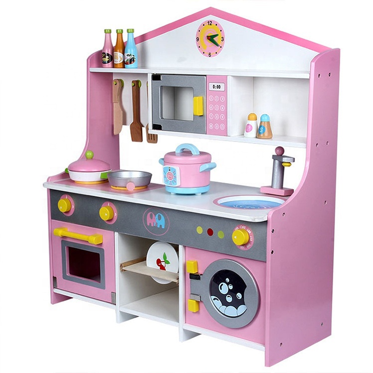 New Design Wooden DIY Kids Cooking Pretend Play Kitchen Cabinet Educational Toy Sets for Girls and Boys