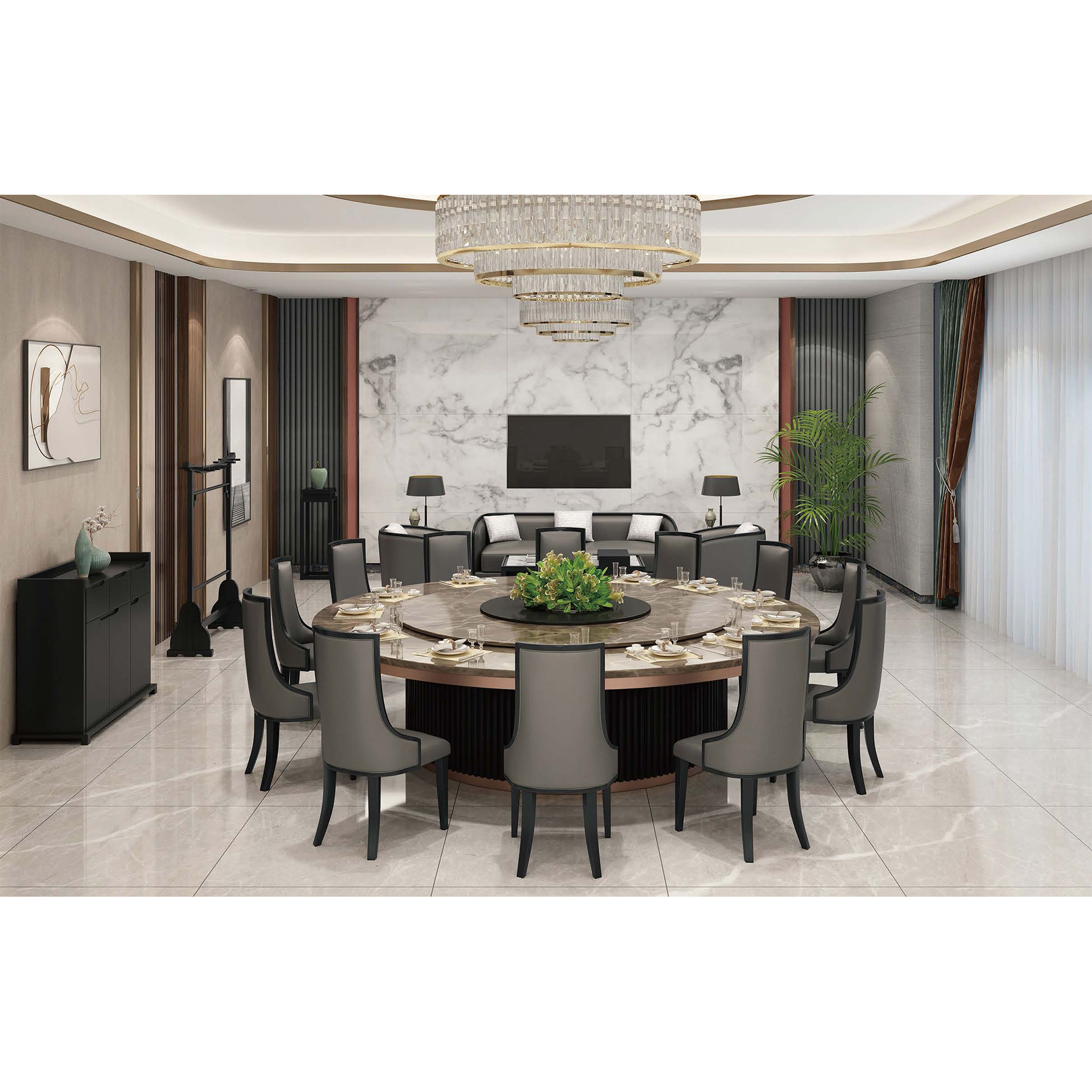 Big Electric Rotation Dining Table with Chairs Fish Belly White Dining Furniture Set Automatic Rotating Table for Restaurant