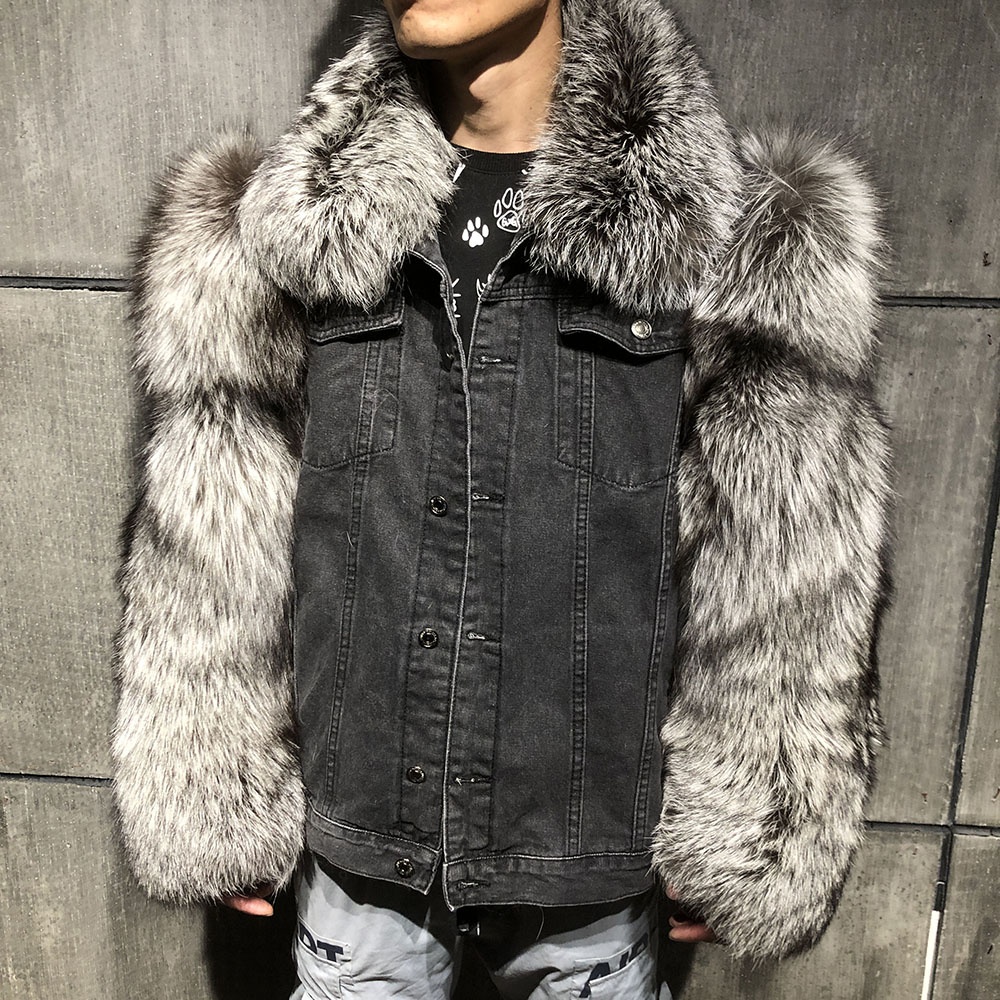 Men's Fur  New Design Denim Jacket With Fur Men Fox Fur Sleeve Men's Coats