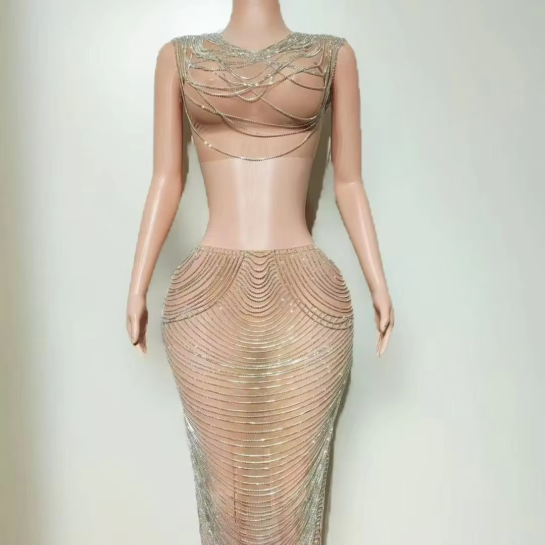 AD2617 Kimshein Handmade Rhinestone Tassel Fashion Sleeveless Women Banquet Evening Party Skirt Two Piece Sets