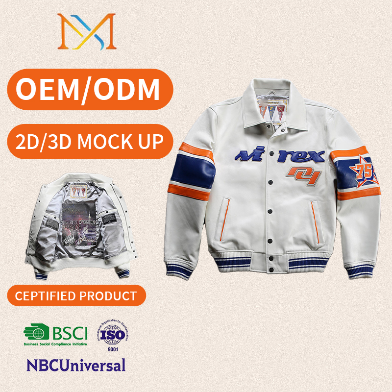 Men's 3D Printed Leather Jacket Knitted Elastic Hem and Collar