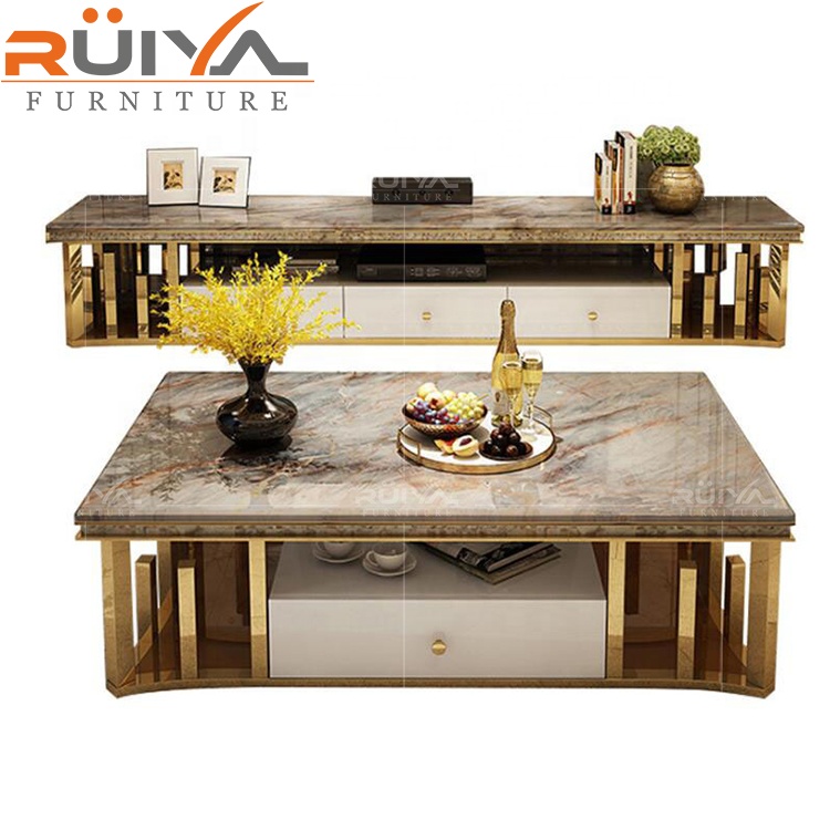 Foshan Furniture Popular Modern Stainless Steel Marble Top Tv Stand Cabinet for Living Room