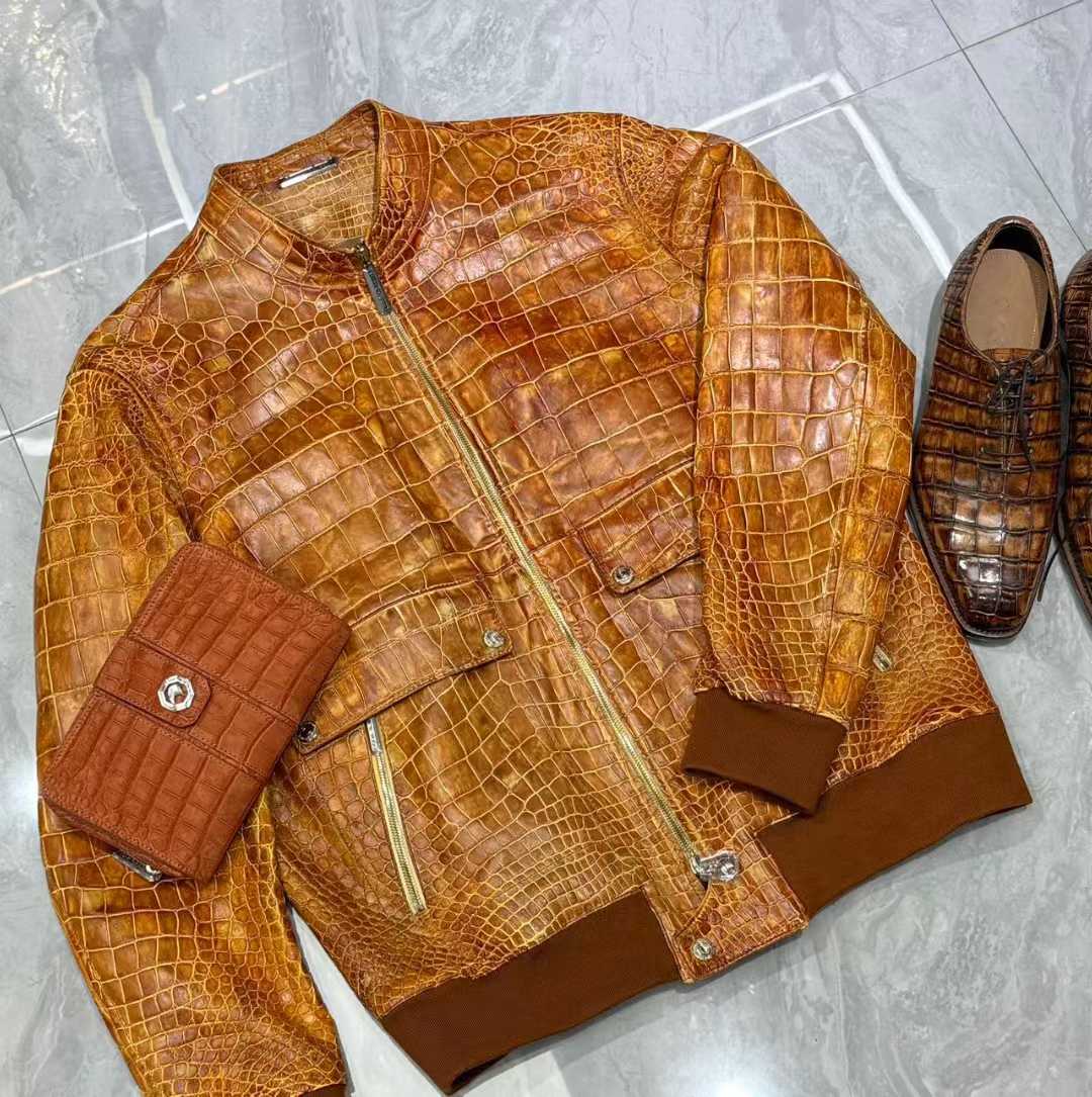 Luxury brand famous design real crocodile genuine leather men's leather jacket hand-sewn factory custom top quality