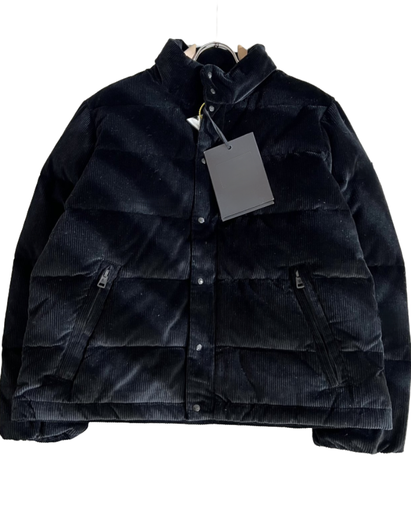 Men's Black Corduroy Down Jacket, Stand Collar & Quilted Design, Warm Winter Puffer Coat with Zipper & Button Closure