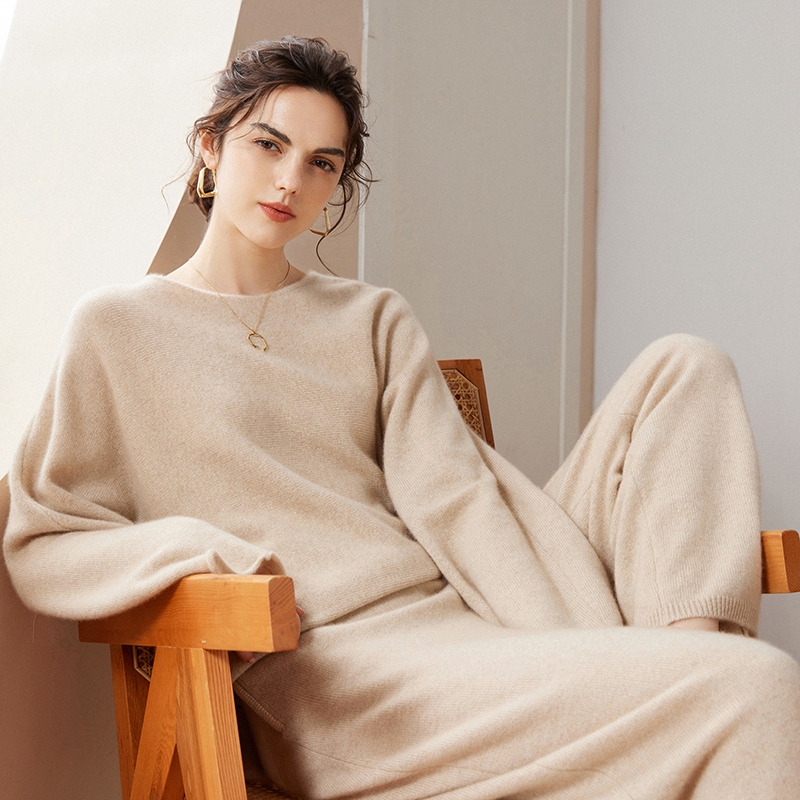 Women's Casual 100% Pure Cashmere Sweater with Loose Knit Wide-Leg Pants Autumn-Appropriate Two-Piece Set