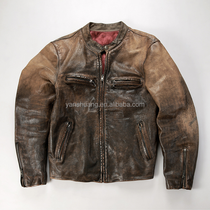 High-quality Luxury Vintage Cowhide Genuine Leather Material Fabric Venom Jacket Men's Stand Collar Raw Leather Coats
