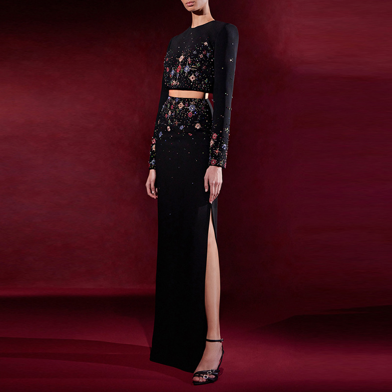 HIGH STREET Newest 2024 Designer Runway Suit Set Women's O-neck Zip Back Cropped Tops Long Skirt Set 2pcs