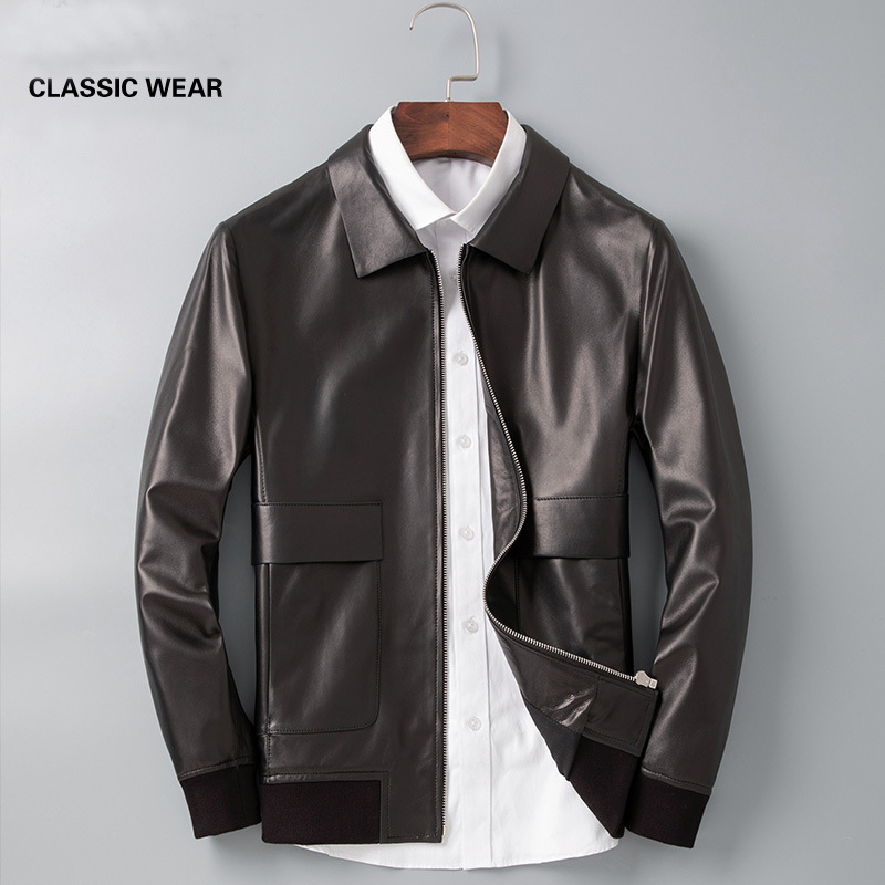 Men's Genuine Leather Biker Jacket with Lapel, Slim Fit, Trendy, Stylish, Business Casual Outerwear.