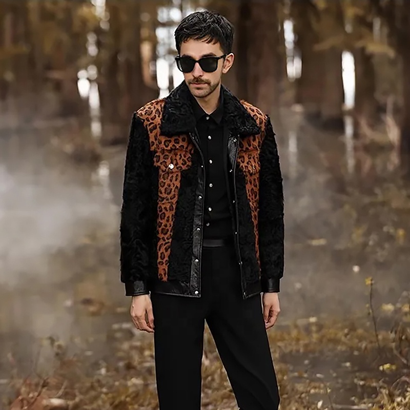NAFA Custom 2024 New Design Mens Leopard Printed Real Lamb Fur Jacket With Best Quality Wholesale Price