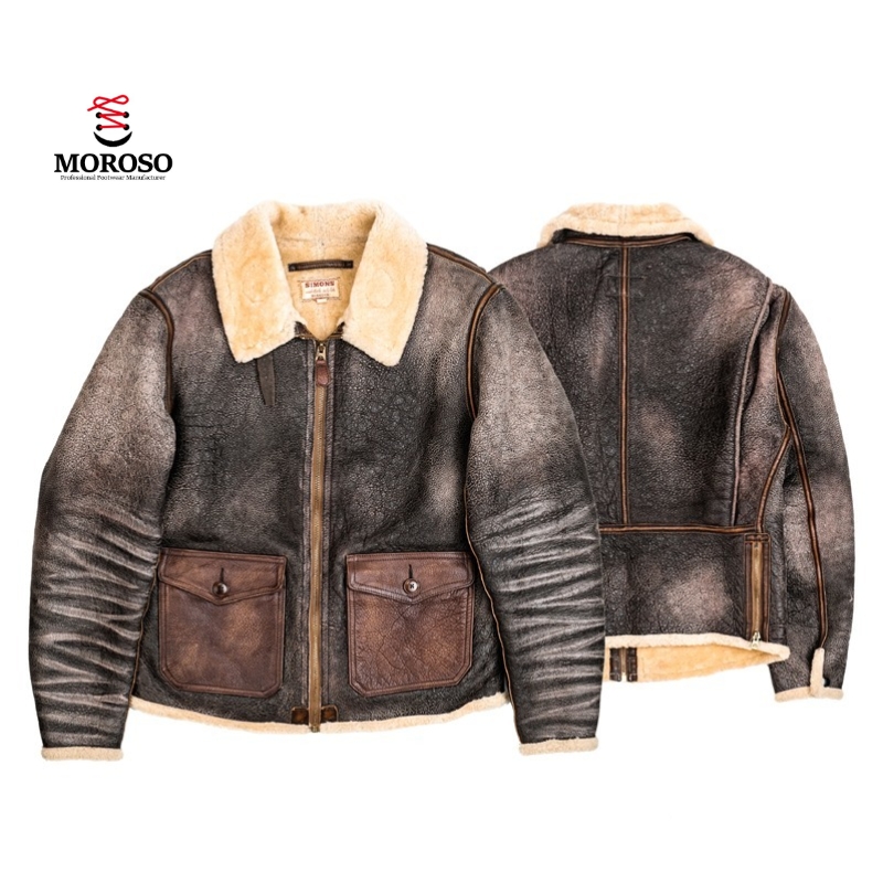 American Retro Distressed D3 Fur Integrated Motorcycle Jacket Men's RRL Wool/Silk Waterproof Windproof Jacket