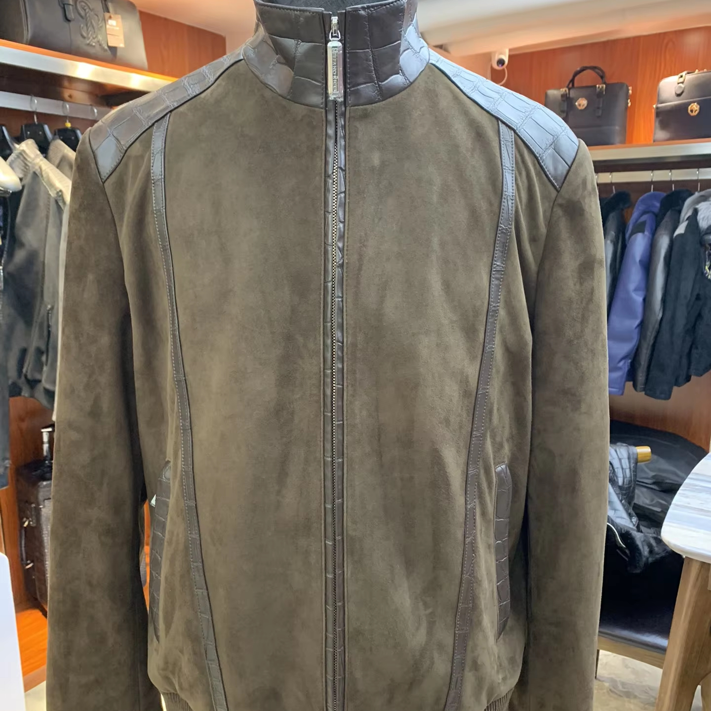 Luxury brand famous design crocodile genuine leather men's leather jacket hand-sewn factory custom top quality