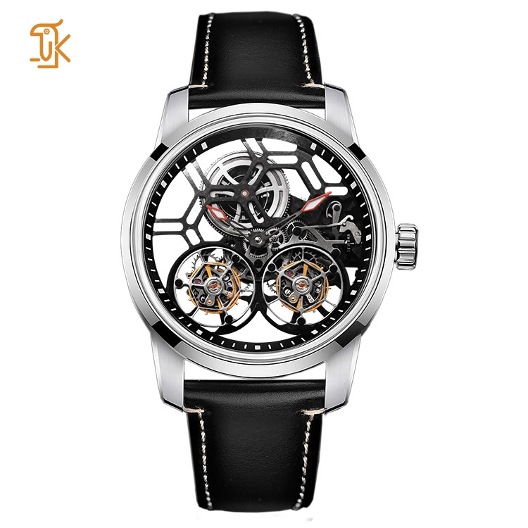 Luxury Men's Skeleton Mechanical Automatic Double Tourbillon Watches with Sapphire Crystal Stainless Steel Leather Power Reserve