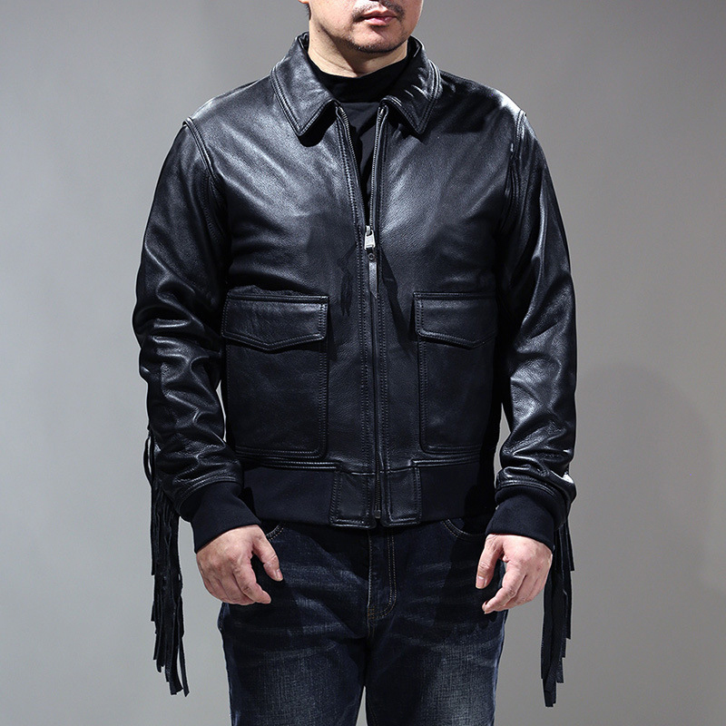 Men's Fringed Genuine Leather Jacket - Lapel Slim-Fit Flight Suit Style A2 Fringed Leather Jacket