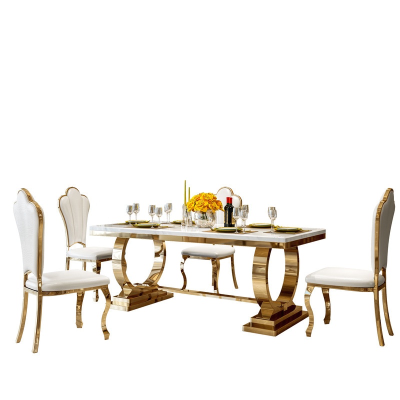 Light Luxury 6-Person Dining Table Set with Titanium Gold Stainless Steel Modern Fashion Marble Hotel Restaurant Use Chair