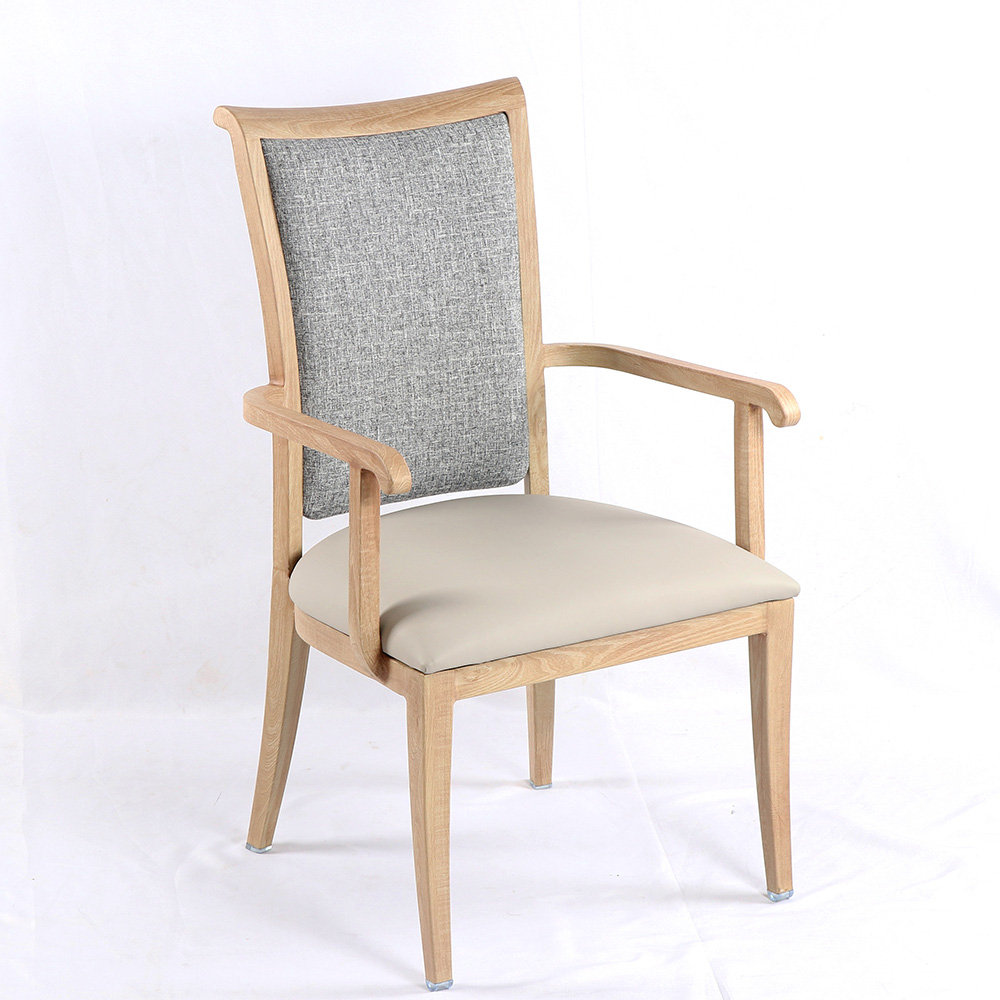 Stackable Modern Aluminum Wood Look Grain Hotel Commercial Waterproof Banquet Armrest Dining Chair
