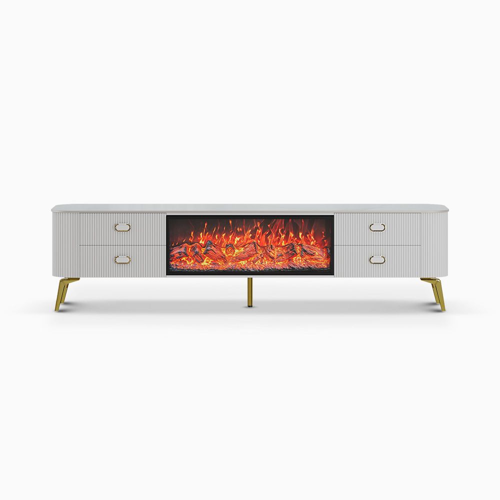 Modern 200cm Wooden TV Stand with Storage Cabinet Stone Top & Golden Stainless Steel Decoration for Living Room Furniture