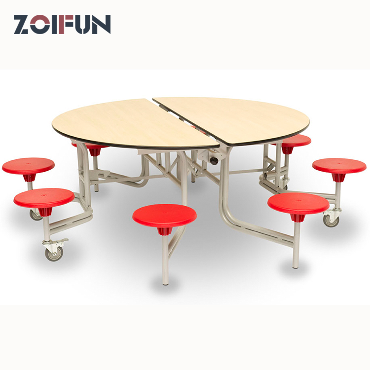 ZOIFUN School Canteen Furniture Chair Table Set for Dining Room and Restaurant 8 Seat Cafeteria Round Mobile Table