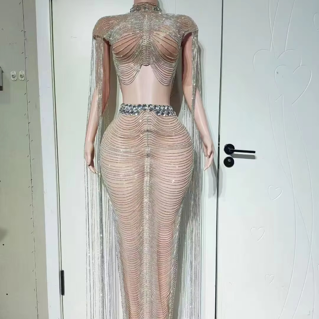 AD2620 Luxury Diamond Crystal 2-Piece Set Sexy Tops Shoulder Tassels Long Skirt Party Evening Summer Sets Women